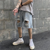 Threebooy Ripped Denim Shorts for Men Summer Ins Fashion Five-Point Pants Vintage Jeans Streetwear Male Trousers Casual Bottoms Plus Size